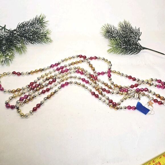 Vintage Double Bead Mercury Glass Christmas Tree Garland 100" Red Gold Silver - Picture 2 of 12